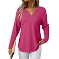 thumbnail image 2 of Womens Tops Waffle Knit Long Sleeve Notched V Neck Shirts Casual Trendy Solid Color Loose Blouses Rose Red XL, 2 of 7