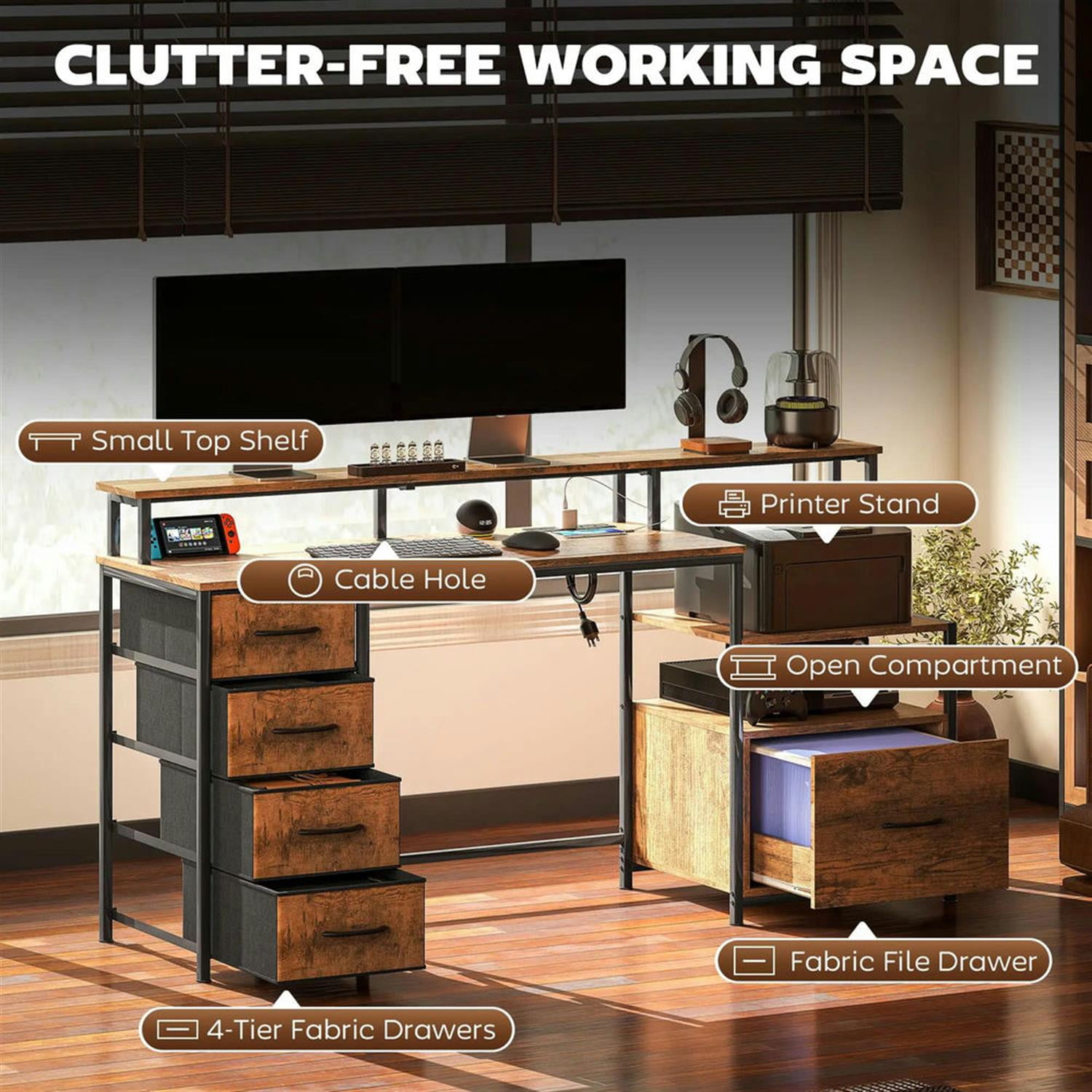 Demi Bonn 67" Office Desk with LED Lights and Power Outlets, Home Computer Desk for Living Room, Office, Study Table PC Desks, Brown