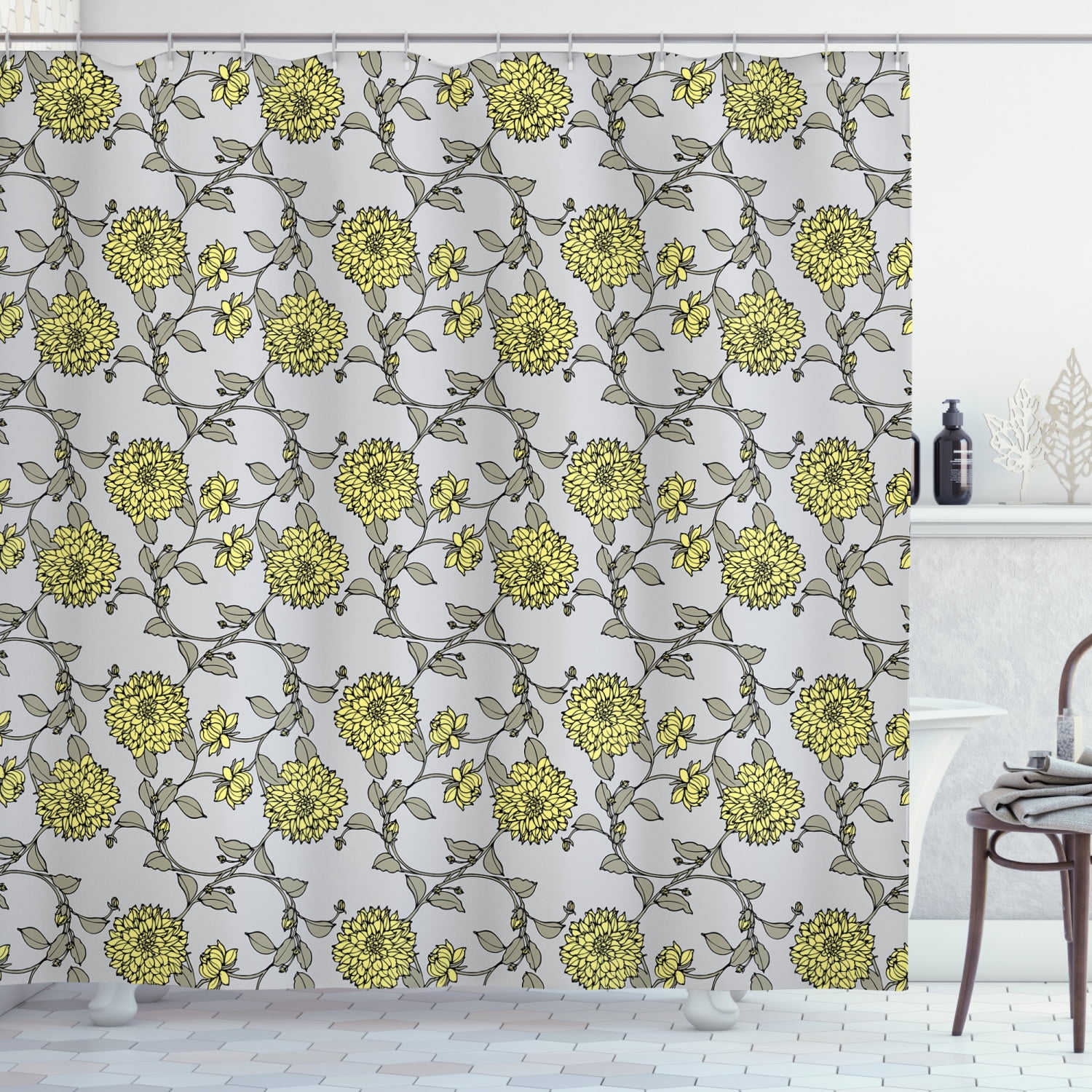 Grey and Yellow Shower Curtain, Pattern with Chrysanthemum Flowers