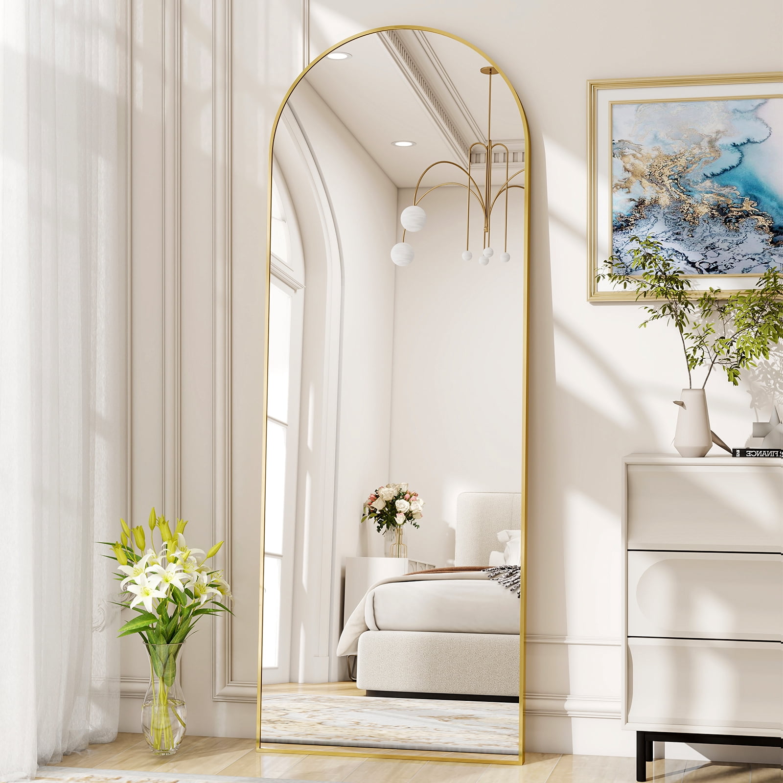 AUROMIR 59"x16" Arched Full Length Mirror Floor Mirror Full Body Standing Mirror, Gold