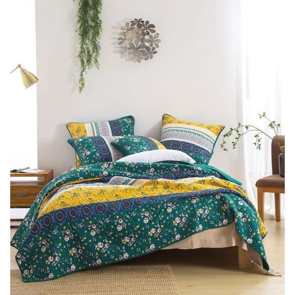 DaDa Bedding Bohemian Patchwork Bed of Wild Flowers Floral Gardenia Green Bedspread Set (JHW-886)