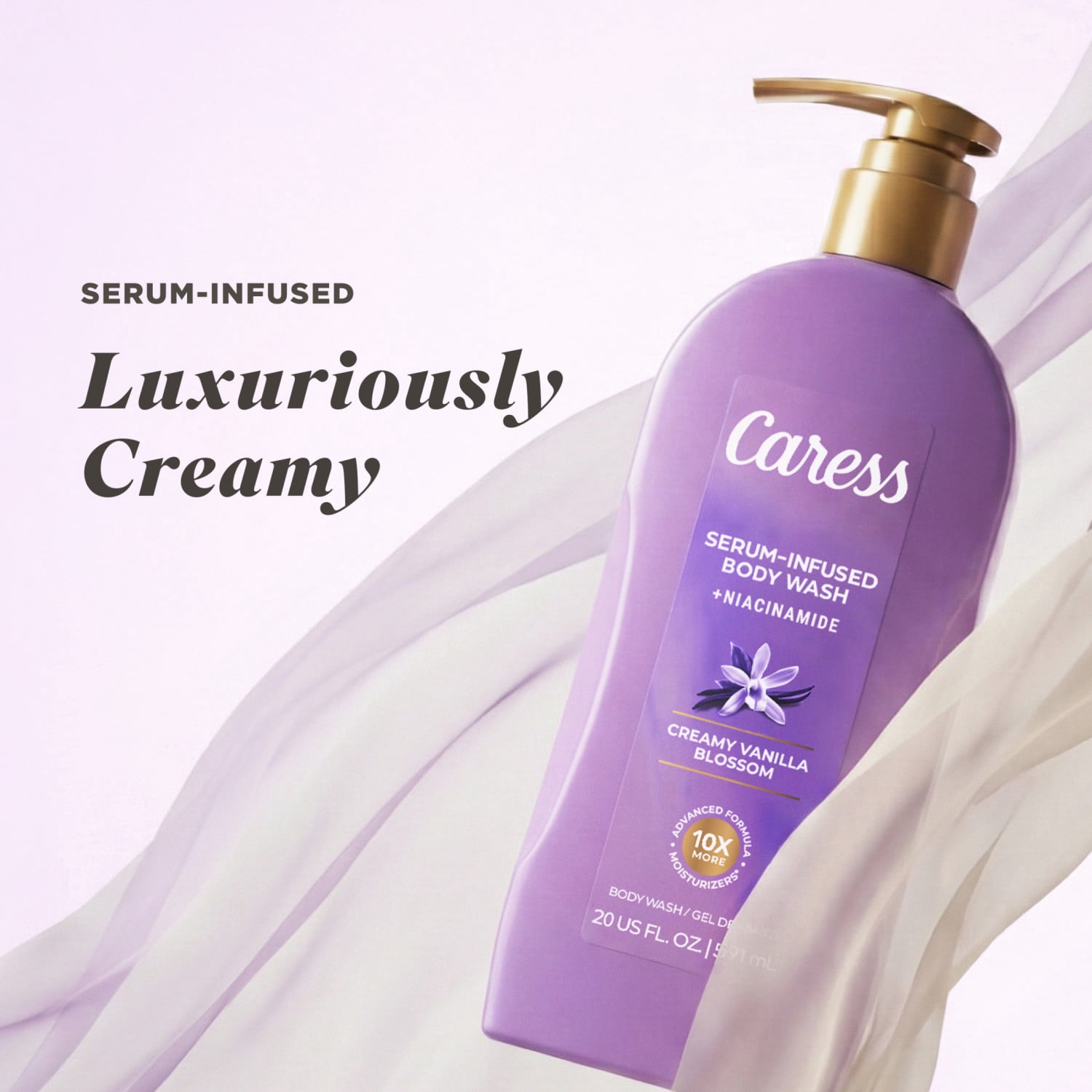 (4 pack) Caress Creamy Vanilla Body Wash, Serum-Infused Moisturizing Wash, Long-Lasting Fragrance, 20 fl oz
