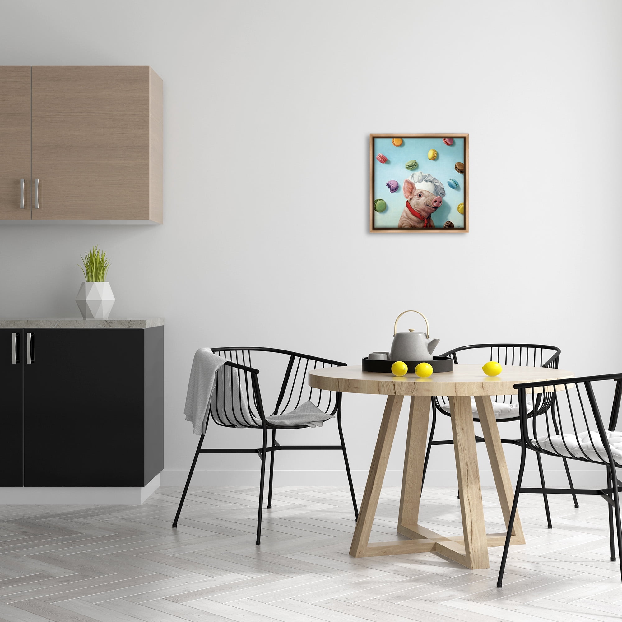 Stupell Industries Pig Chef with Playful Macarons Animals & Insects Painting Brown Floater Framed Canvas Art Print Wall Art, 18 x 18
