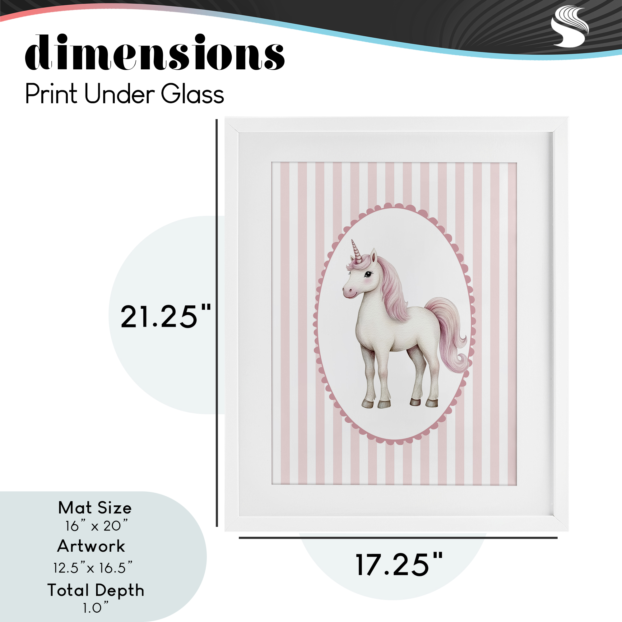 Gentle Unicorn on Pink Stripes White Framed Print Under Glass, design by Christine Simpson Art