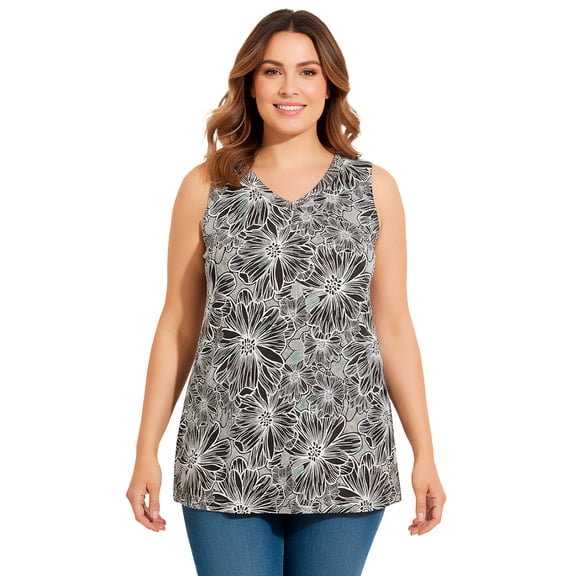 Woman Within Plus Size Perfect Printed Sleeveless Shirred V-Neck Tunic