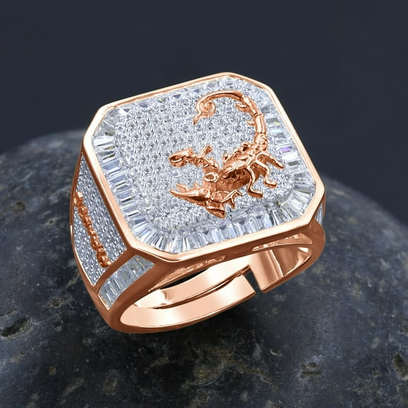 Mens 14K Rose Gold Finish Scorpio Zodiac Sign Astrology Horoscope Band Baguette & Round Cut Simulated Diamond Ring