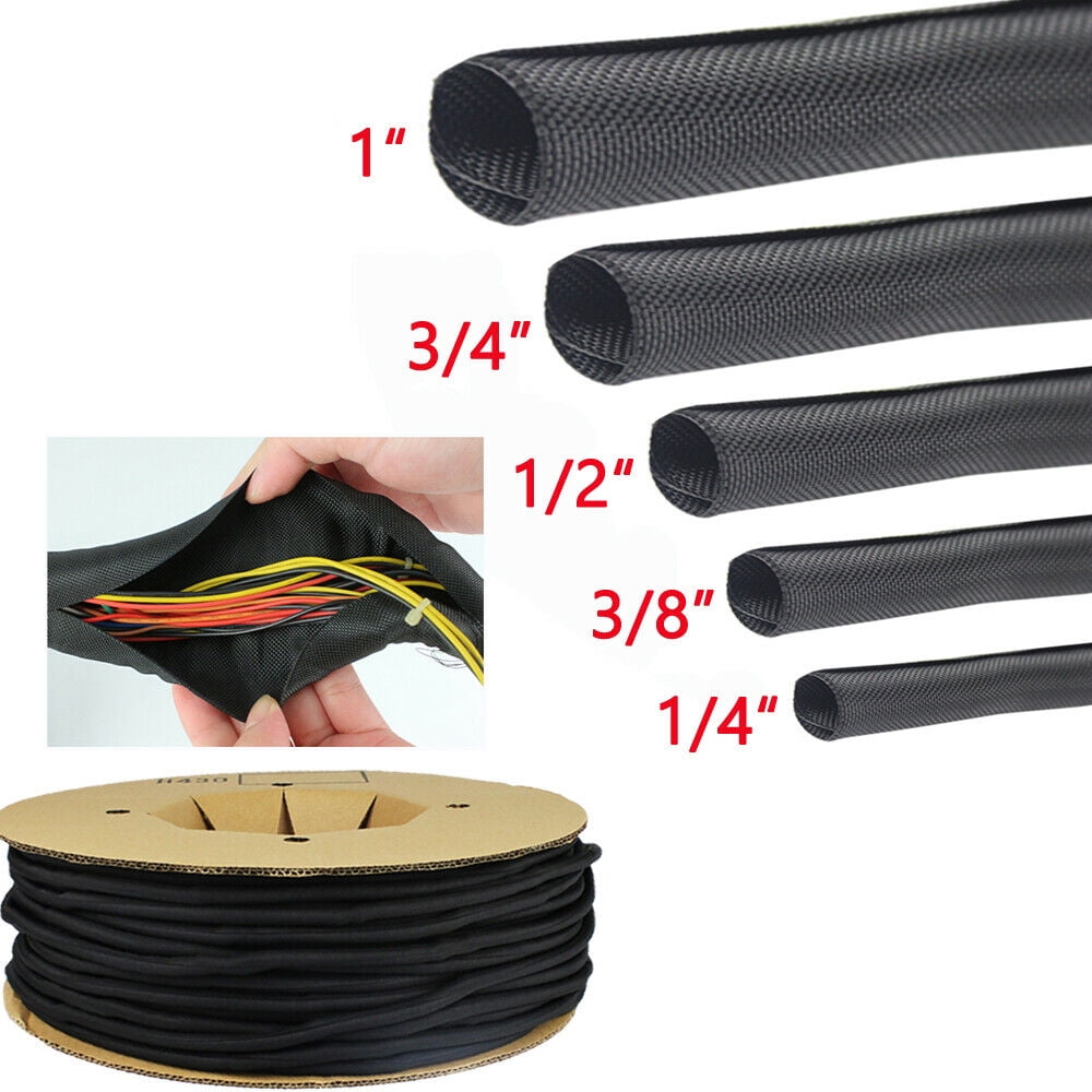 100 FT 3/8" Black Green Expandable Wire Sleeving Sheathing Braided Loom Tubing 