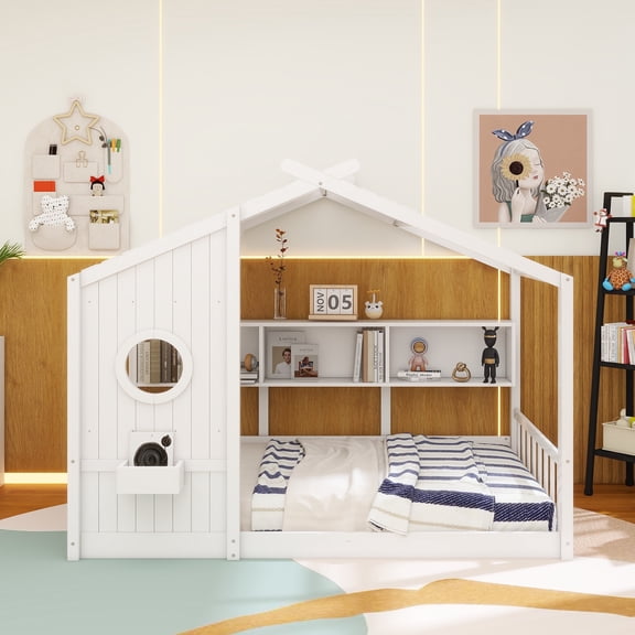 Full Size Floor House Bed for Toddler, Kids Montessori Bed with Storage Shelf, Playhouse Bed with Roof Design, White