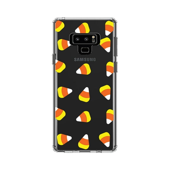 DistinctInk Clear Shockproof Hybrid Case for Samsung Galaxy Note 9 - TPU Bumper, Acrylic Back, Tempered Glass Screen Protector - Repeating Candy Corn