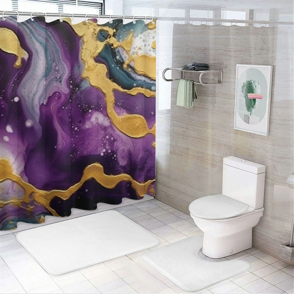 Pratyus Purple and Gold Substance Quick-Drying Bathroom Shower Curtain Set with Hooks, 100% Polyester Fabric, Washable, Various Sizes 69x72