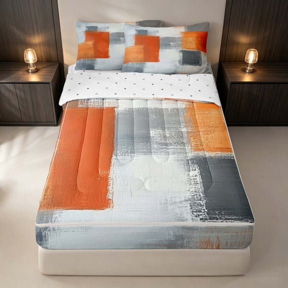 Erosebridal Ombre Grid Zipper Twin Comforter Sets with Fitted Sheet and 2 Pillowcases, Geometric Oil Painting Zipper Bedding Set, Orange Gray, Reversible