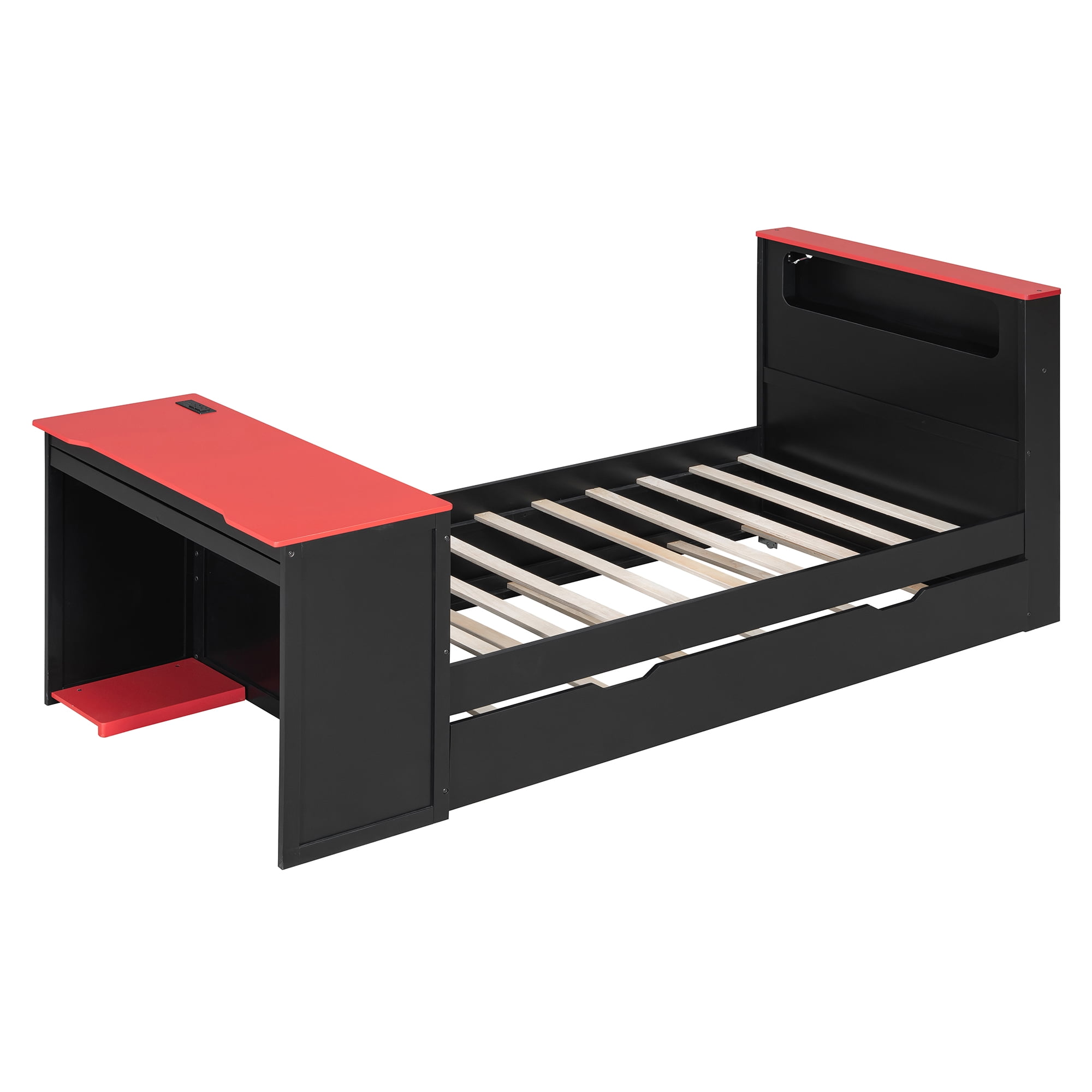 Mintazer Twin Gaming Bed with Charge Station & Lights, Daybed with Desk & Trundle for Home Office, Black & Red