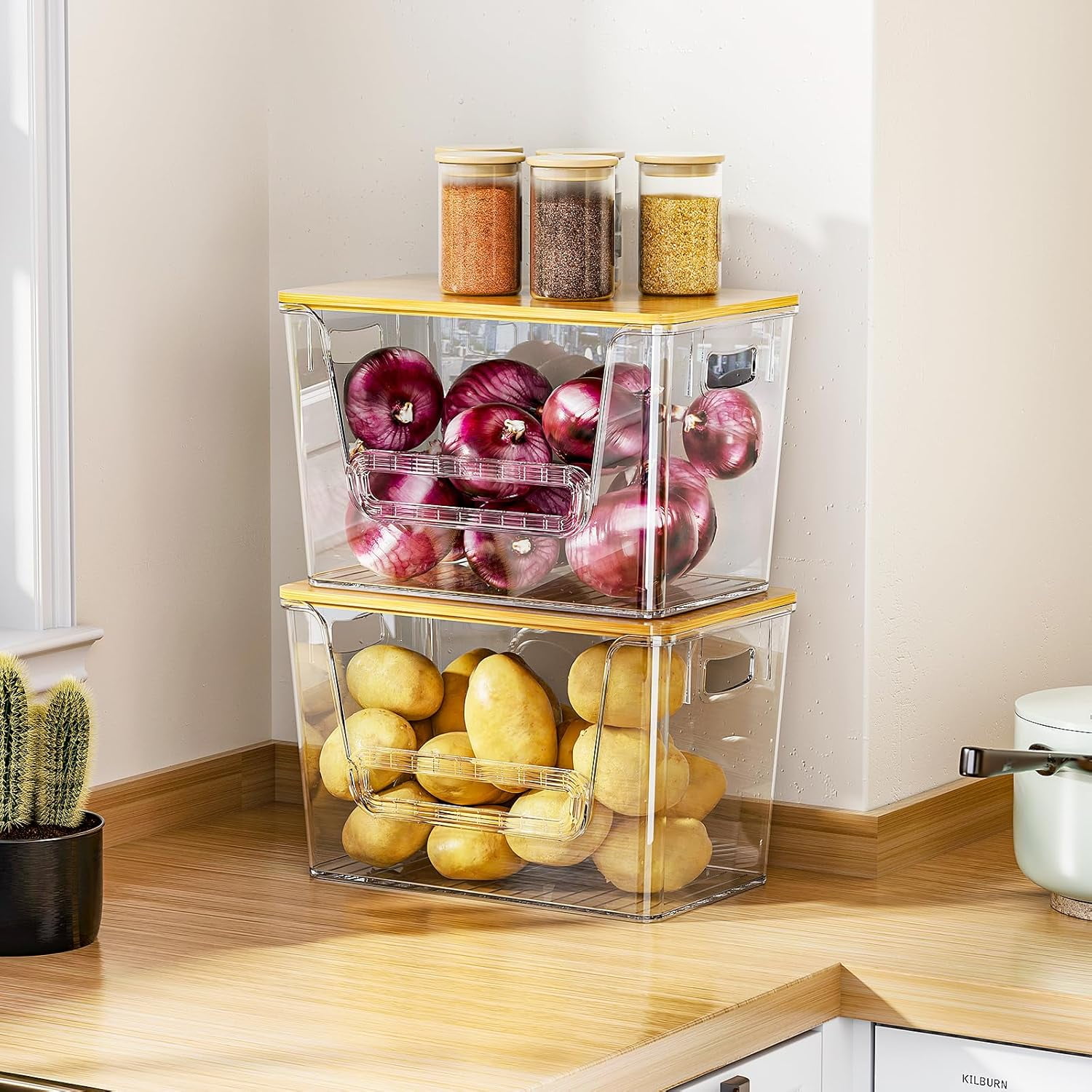 Potato Storage Bin, LazySpin Onion Holder Stackable Kitchen Pantry Organizer with Bamboo Lid 2 Pack, Clear