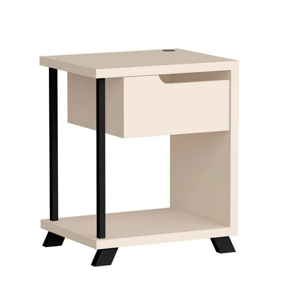 Moveis Buró de Madera Diseño Minimalista con 1 Cajón y 1 Estante Inferior con Carga USB Incorporada Modelo JB 1010 - Mesa de Noche Moderna y Funcional Color Perla