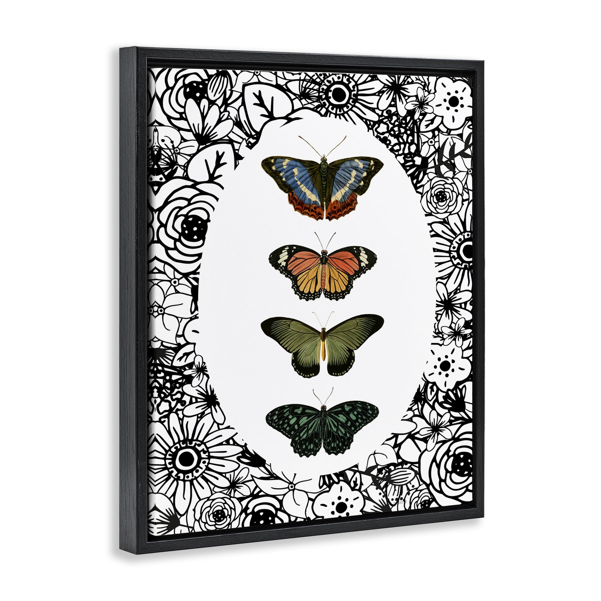 Stupell Industries Floral Border Butterfly Lineup Black Framed Floater Canvas Wall Art, design by Dan Meneely
