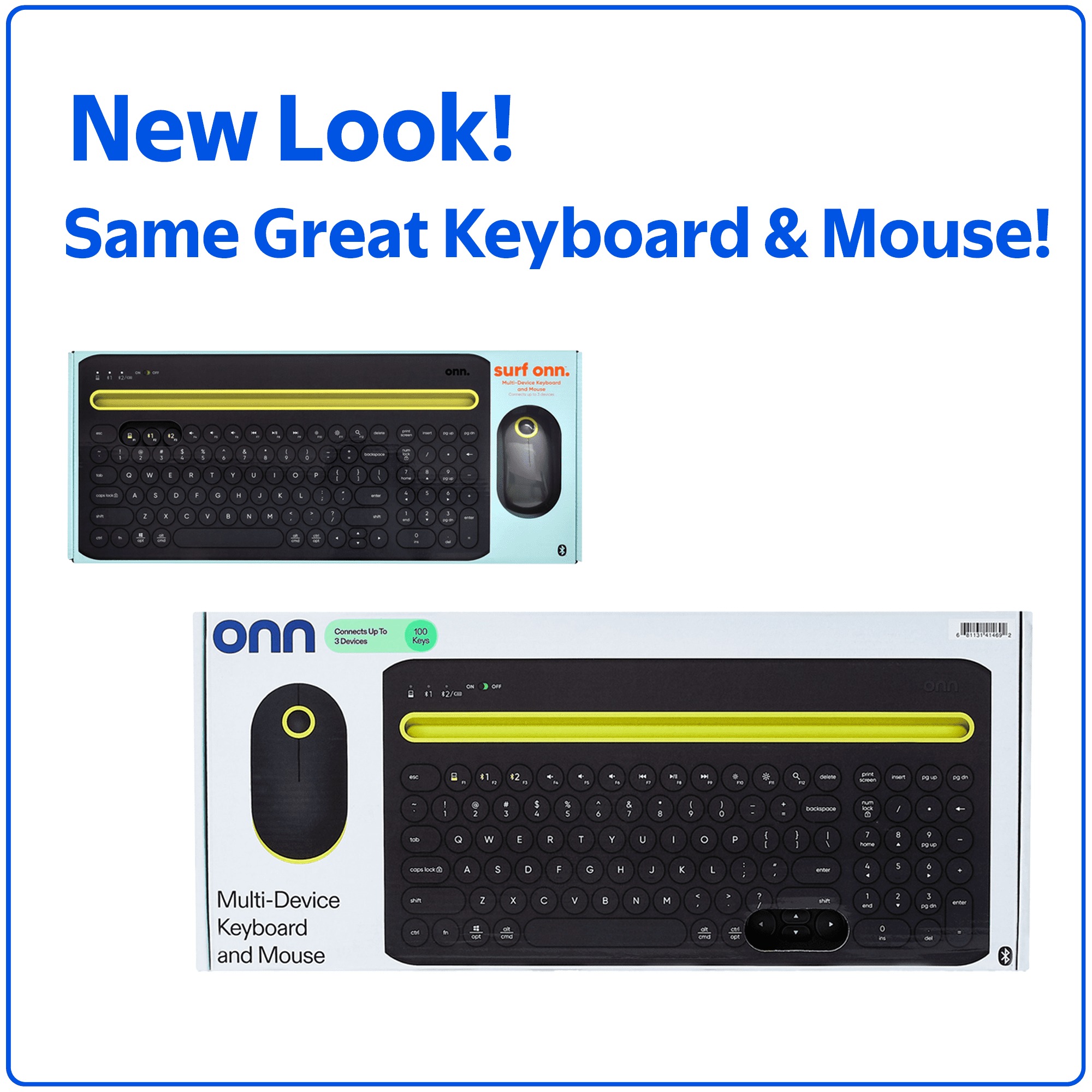 onn Set de teclado inalámbrico de tamaño completo y mouse de 3 botones, gris y amarillo 3