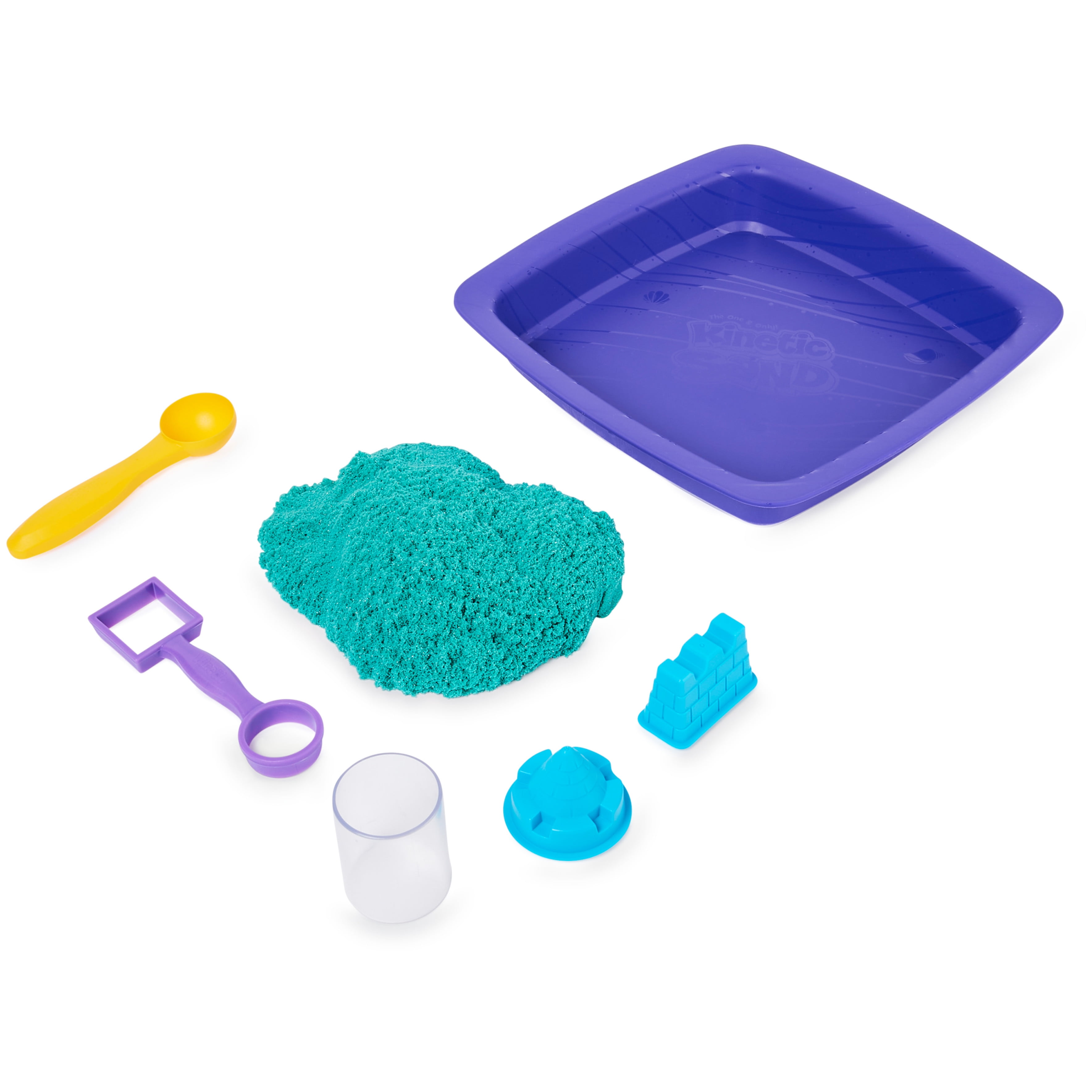 Kinetic Sandcastle Set 3 Molds 1 Tool Sand box & Over 1lb Kinetic Sand Blue  &Prp