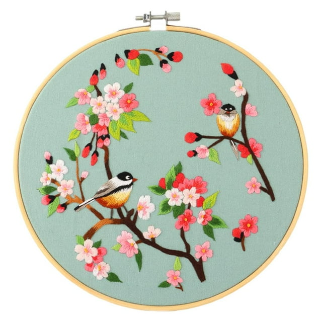 Cross Stitch DIY Flower Fabric Embroidery with Hoop for Beginners Kids Yellow Birds