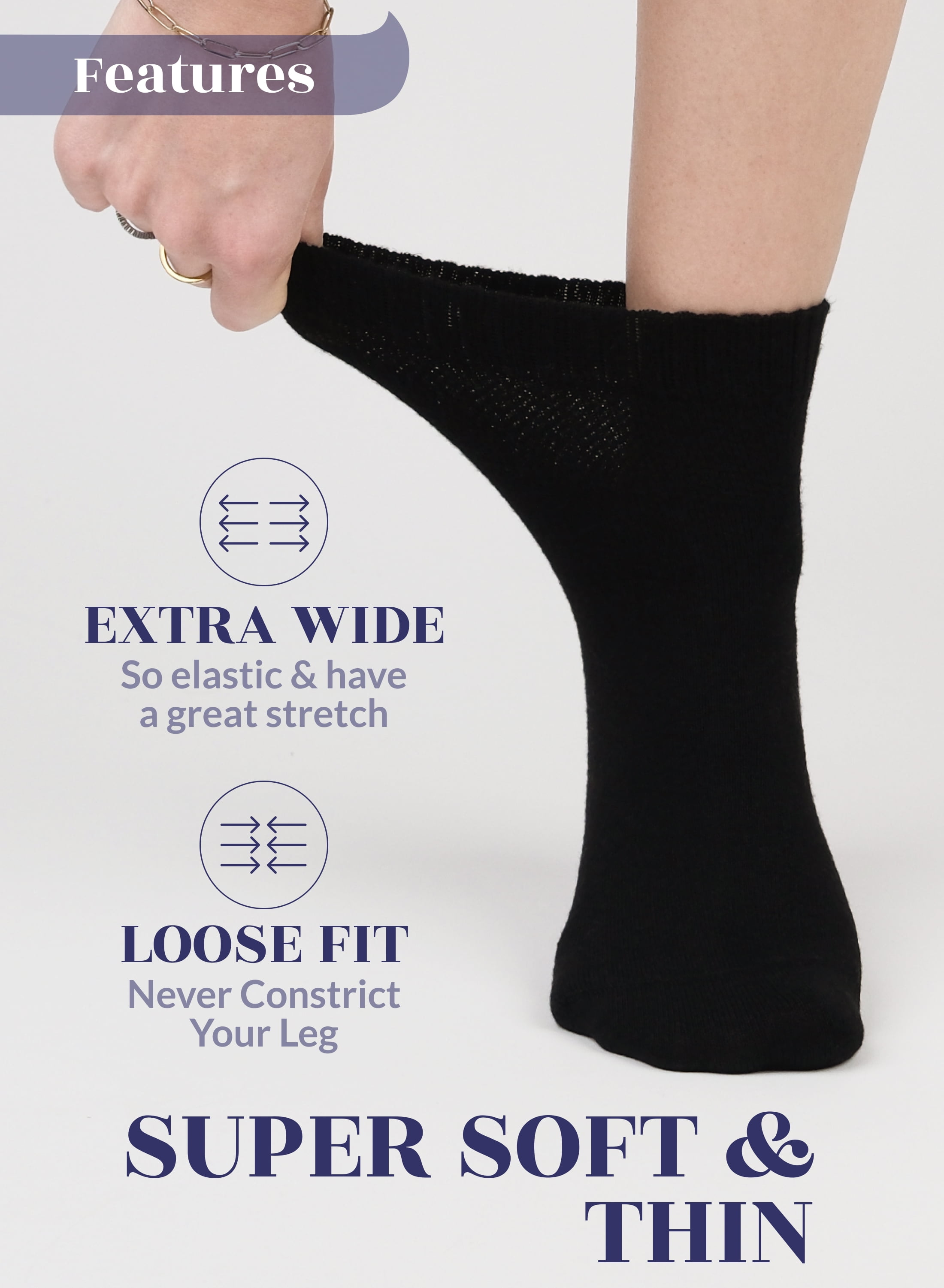 Hugh Ugoli Mid Ankle Diabetic Socks for Women, Soft Bamboo, Wide & Loose, Seamless Toe, 4 Pairs, Black