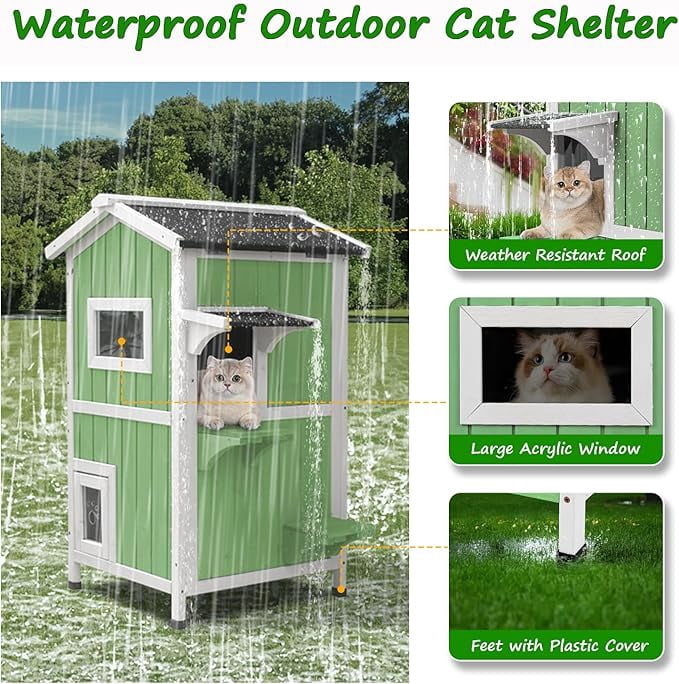 Gowoodhut Outdoor  House for Cats,Outside Feral Cats Shelter,Indoor Cat House,2 Story Wooden Kitten Cage with Weatherproof & Openable Roof, Escape Door,Removable Floors