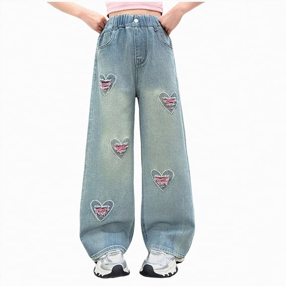 NOLDARES Girl's Applique Elastic High Waist Jeans Wide Leg Loose Denim Pants with pockets(Blue,11-12 Years)