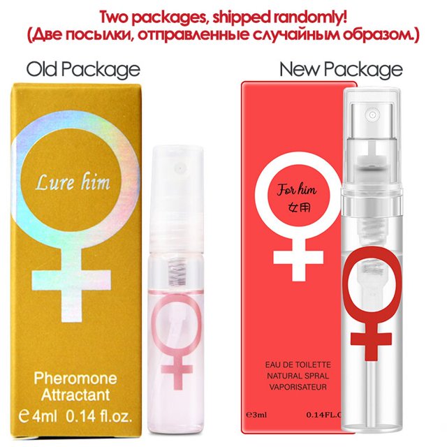 perfume de feromonas para hombre y mujer, fragancia fresca, duradera, romántica, elegante, tentación para mujer, perfume de feromonas encantador, 3ml "lure him" — Vista frontal de los dos envases: frasco atomizador transparente con símbolo femenino impreso y caja dorada marcada "Lure him" (paquete antiguo) y caja roja con frasco transparente y símbolo femenino rojo (paquete nuevo); fondo blanco, primer plano; también adecuado como spray de viaje para bolsa o cartera.