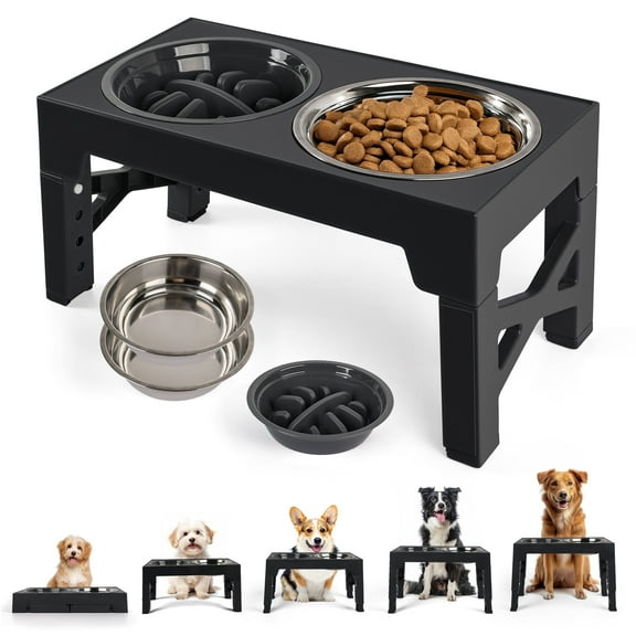 Raised Dog Bowls with 5 Adjustable Heights, Elevated Stainless Steel Dog Bowls & Slow Feeder Bowl, Pet Feeding Station for Small Medium & Large Dogs