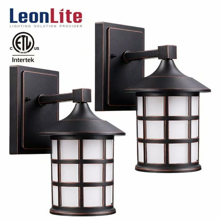 LEONLITE 2 Pack LED Outdoor Wall Light, 9W (60W Eqv.), Vintage Style Black Metal Cage & Frosted Glass, 3000K Warm White, 500 Lumens, ETL Listed, Integrated Wall Lantern for Front Doors,