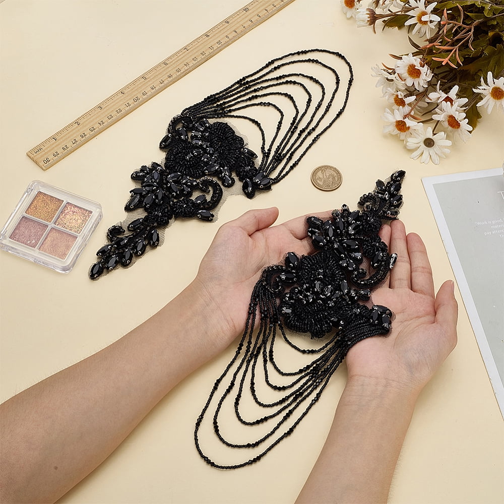 2pcs Rhinestone Sewing Ornaments Flower with Glass Seed Beads Mesh Yarn and Copper Alloy Black 310x118x5.5mm