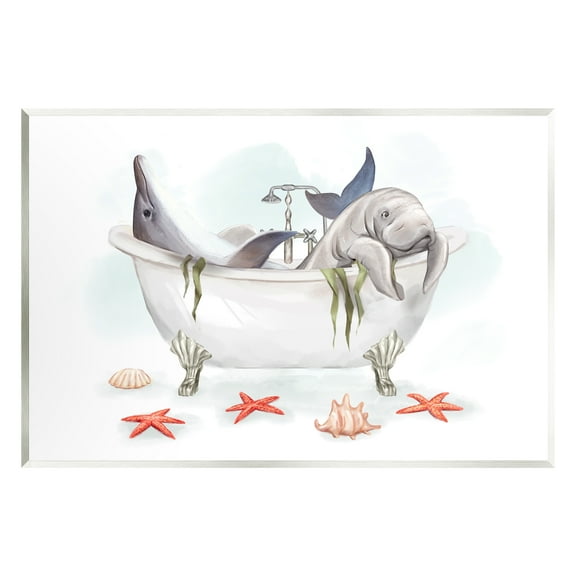 Stupell Industries Dolphin & Manatee Bathtub Animals & Insects Painting Unframed Art Print Wall Art, 15 x 10