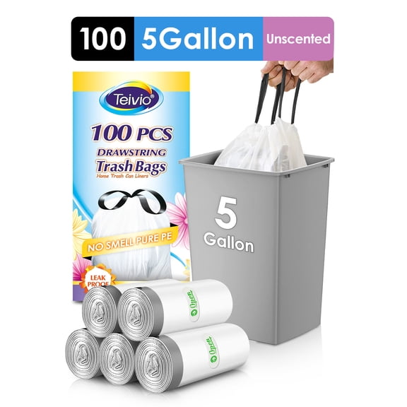 5 Gallon 100 Counts Strong Drawstring Trash Bags Garbage Bags by Teivio, Small Plastic Trash Bags fit 18-20L Trash Can for Home Office Kitchen Bathroom Bedroom, White Waste Basket Liners