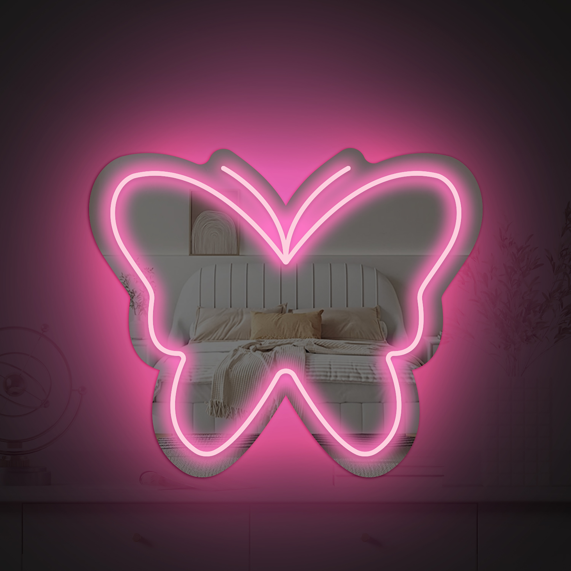Anime Butterfly Mirror with Light Neon Signs for Locker Room Living Room Girl's Bedroom, Cute Acrylic Mirror with Dimmable for Girl Gifts, Wall Mirror