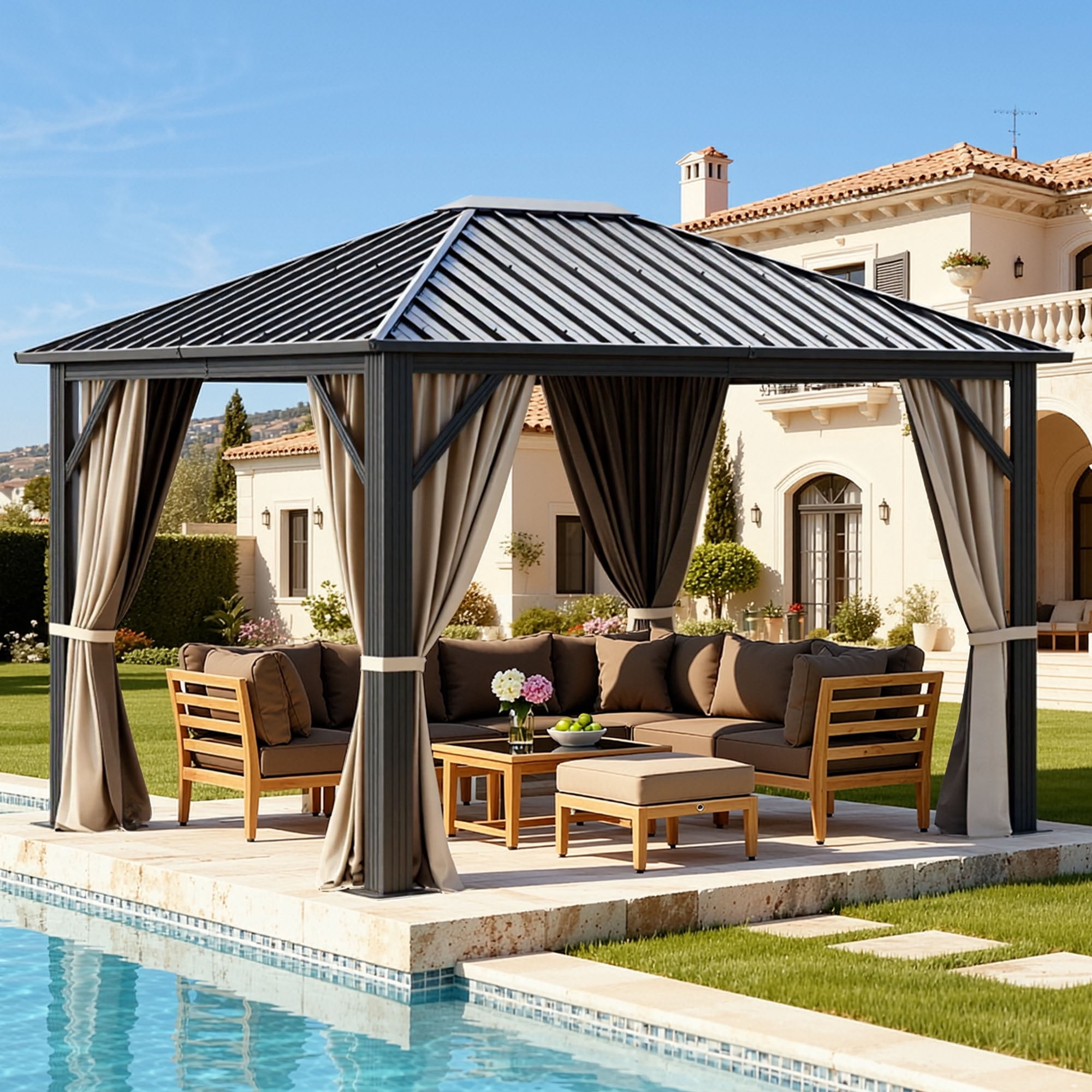 Dextrus 10x12ft Hardtop Gazebo with Nettings and Curtains, Heavy Duty Galvanized Steel Outdoor Vertical Stripes Roof for Patio, Backyard, Deck, Lawns, Brown