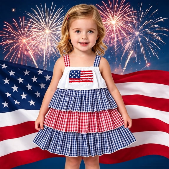 lnmuld Toddler Girls Independence Day Tiered Dress Red White Blue Gingham US Flag Embroidery Sleeveless Party Outfit Size:3-4 Years