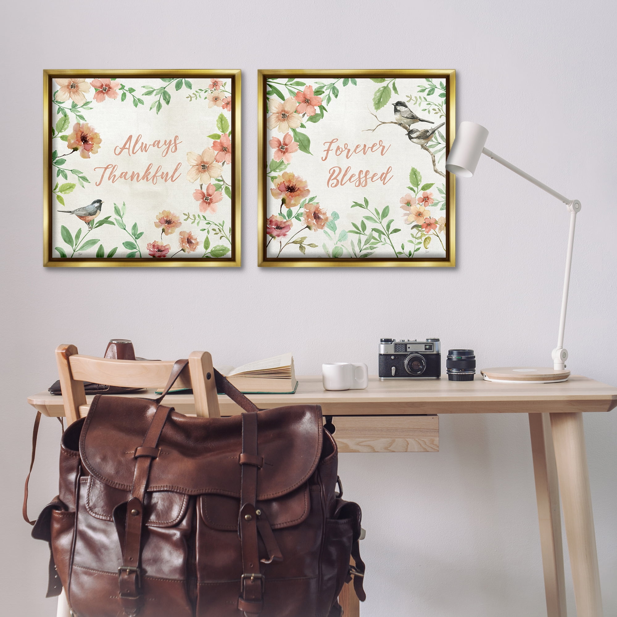 Stupell Industries Always Forever Bird Plants & Flowers Painting Gold Floater Framed Canvas Art Print Wall Art, 25 x 25, Set of 2