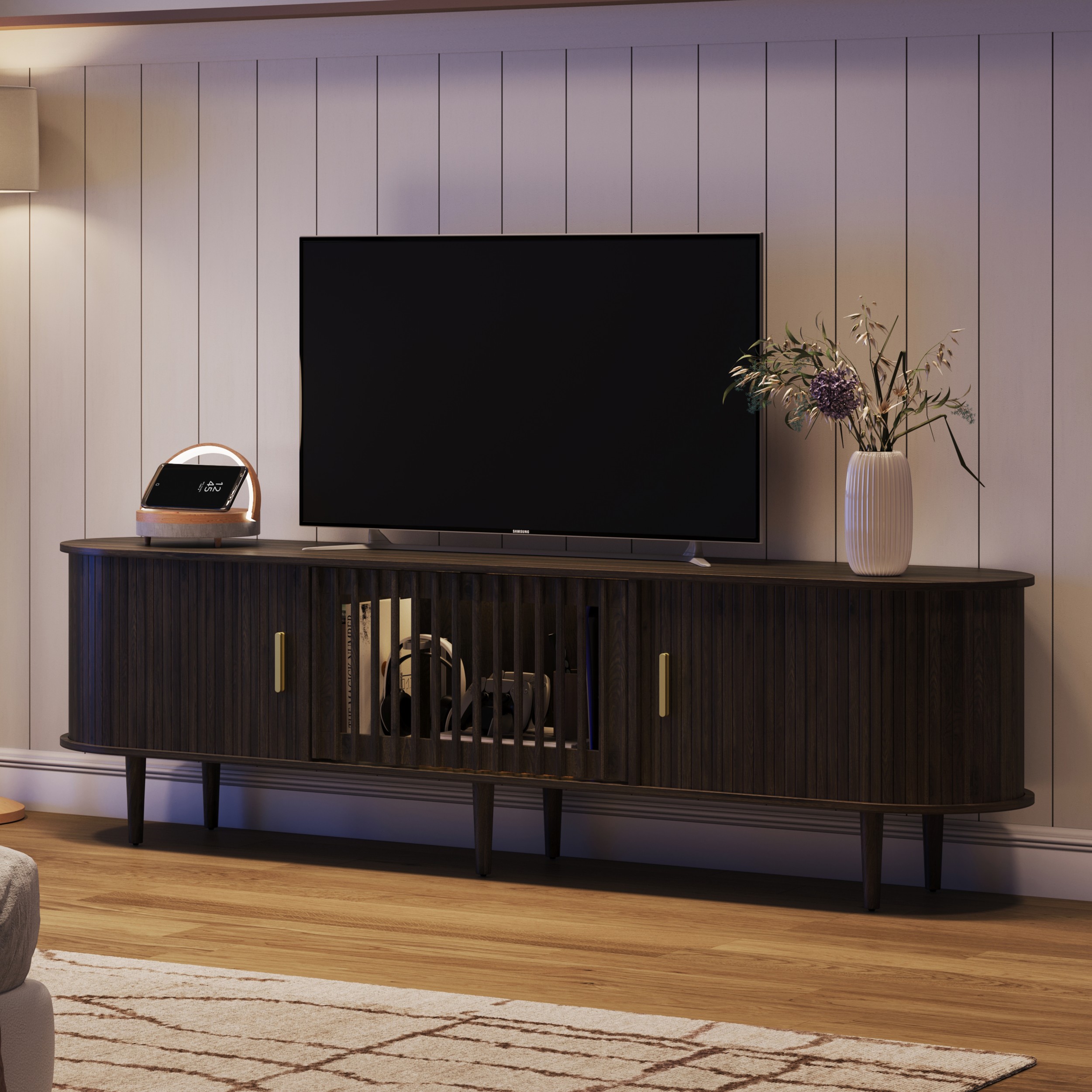 CHIC HOUSE 70" LED TV Stand for TVs up to 75", Mid-Century Modern Entertainment Center with Storage Shelves & Sliding Tambour Door, Walnut