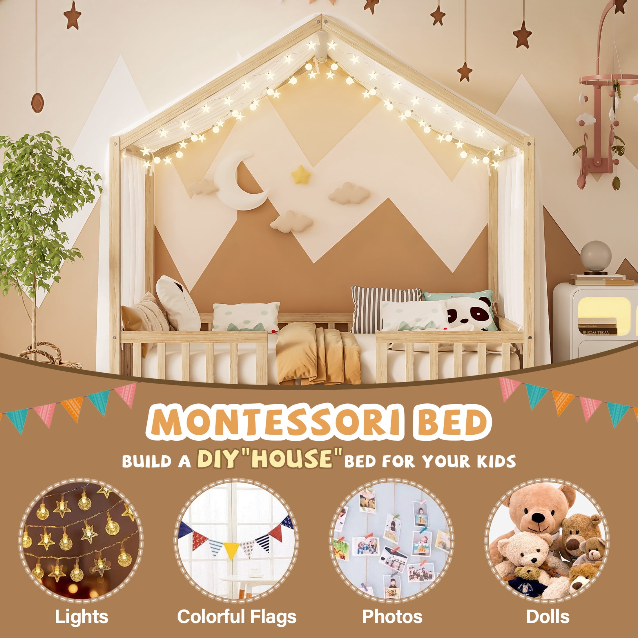 Noble House Full Floor Bed with Canopy and Guardrails, Wood House Bed Frame for Kids, Natural