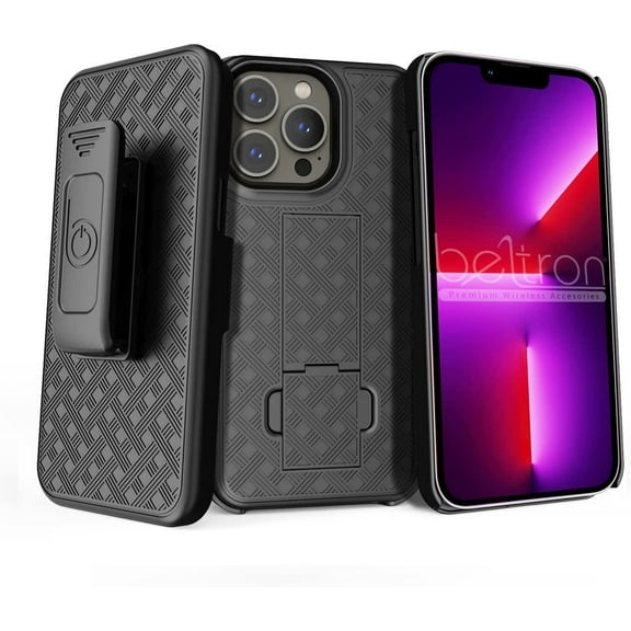 BELTRON Combo Case with Belt Clip for iPhone 13 Pro, Super Slim Rubberized Grip Case & Swivel Belt Clip Holster with Built-in Kickstand Black