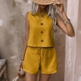 thumbnail image 3 of Womens Summer 2 Piece Linen Sets Sleeveless Button Crew Neck Vest Tops Matching Shorts Set Travel Vacation Casual Outfits,Yellow,M, 3 of 6
