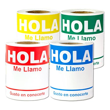 [100/Roll, 4 Rolls=400 Labels] Hola, Me Llamo Equiqueta Adhesivas - Spanish Name tags Identification - 4"x2.3" in Red Blue Green Yellow - Fabric Safe Adhesive & Perforated Stickers