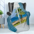 thumbnail image 4 of Palm Tree Soft Flannel Fleece Throw Blanket, Blue Curtains White Walls Sunny Day Shore Palm Tree Island View Horizon Rest, Cozy Plush for Indoor and Outdoor Use, 50" x 60", Blue Green, by Ambesonne, 4 of 5