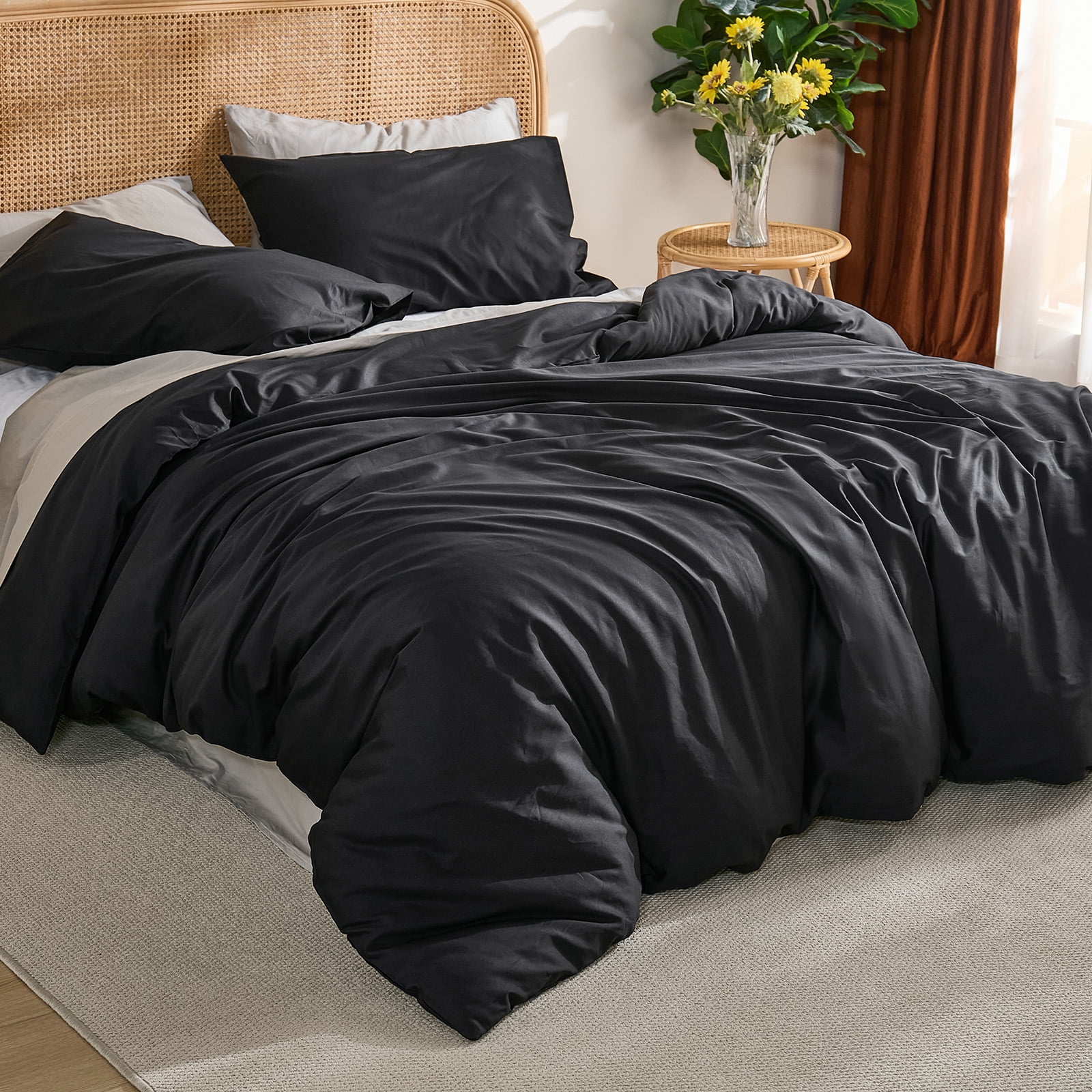 100% Washed Cotton Duvet Cover –Black, Linen-Like Texture, Super Soft & Breathable Bedding Set, 3-Piece Durable Percale Comforter Cover