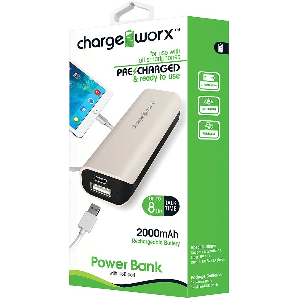 Chargeworx CX6505WH 2000mAh Power Bank, Gray