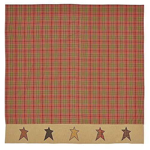 VHC Brands Stratton Primitive 72"x72" Stars Border Shower Curtain Red Rod Pocket Appliqued Cotton Button Holes for Hooks Square Bath Decor