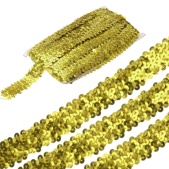Uxcell 5 Yards 1.2 Inch Elastic Sequins Trim 3 Row Flat Sequin Strip Paillette Fabric Ribbon for Crafts DIY Fringe Sewing Costume Dress, Gold Tone