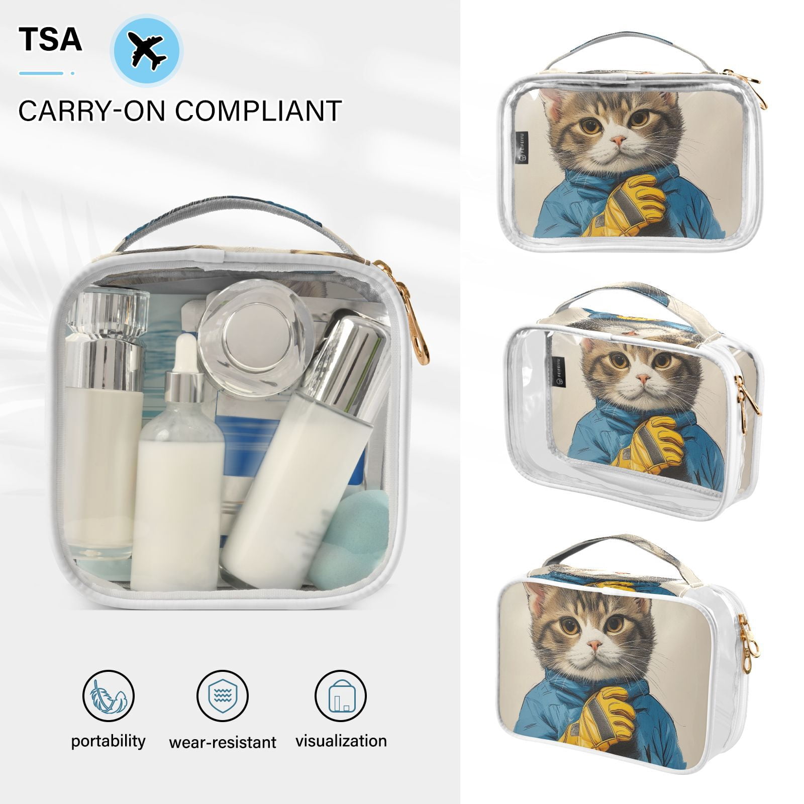 Clear Makeup Bags with Handle Large Opening 2 Pack Set Toiletry Bag Quart Size Bag, for Women Man Traveling Travel Essentials, Toiletries and Other. Cat Racer