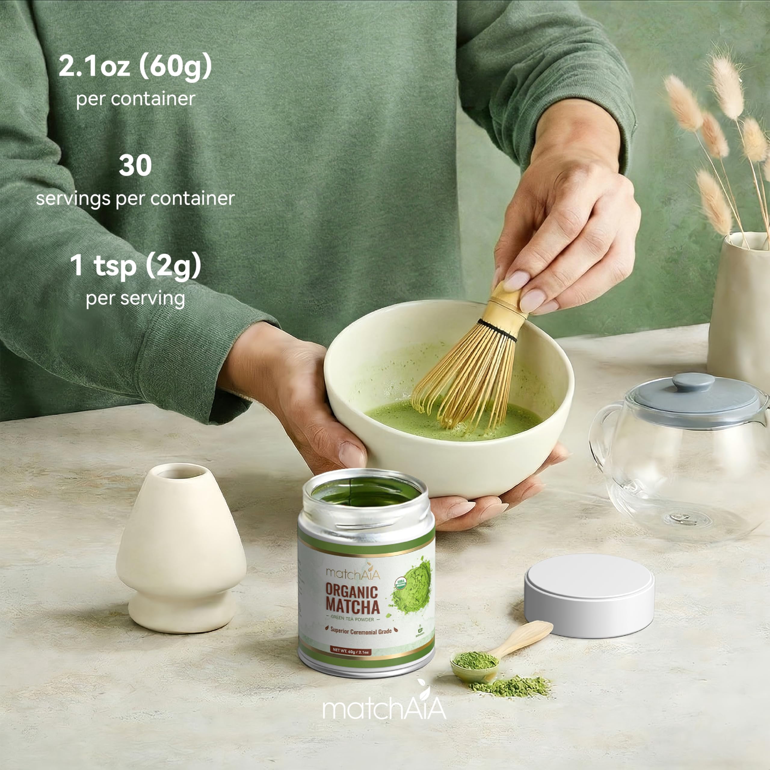 MatchAiA Organic Matcha Powder, Superior Ceremonial Grade, 60g/2.1oz, USDA Certified, First Spring Harvest, 100% Pure, Sugar Free, Gluten Free