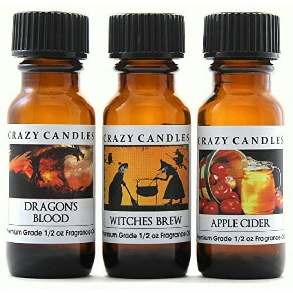 Crazy Candles 3 Bottles Set (Halloween Collection) 1 Dragon's Blood 1 Witches Brew 1 Apple Cider 1/2 Fl Oz Each (15ml) Premium Grade Scented Fragrance Oils
