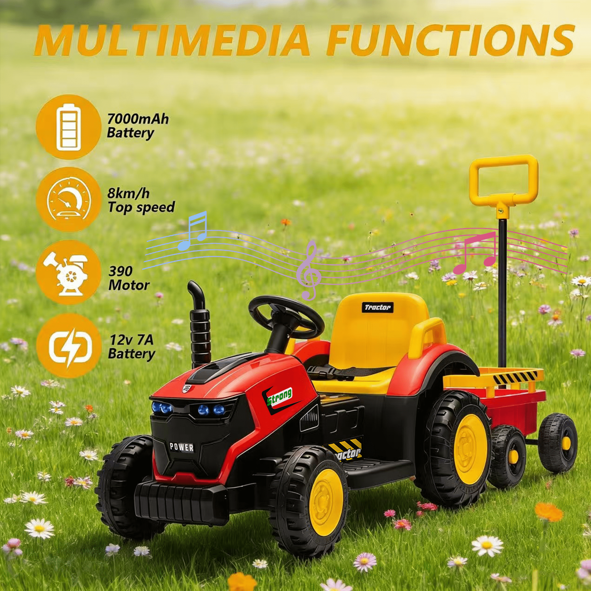 Juuar 12V 390W Kids Ride on Car for Boys Girls Ages 3 4 5 6 Years Old, Farm Tractor Ride on Toys with Trailer, Lights & Music, 5 MPH Fun Electric ATV with Remote Control for Birthday Gifts, Red