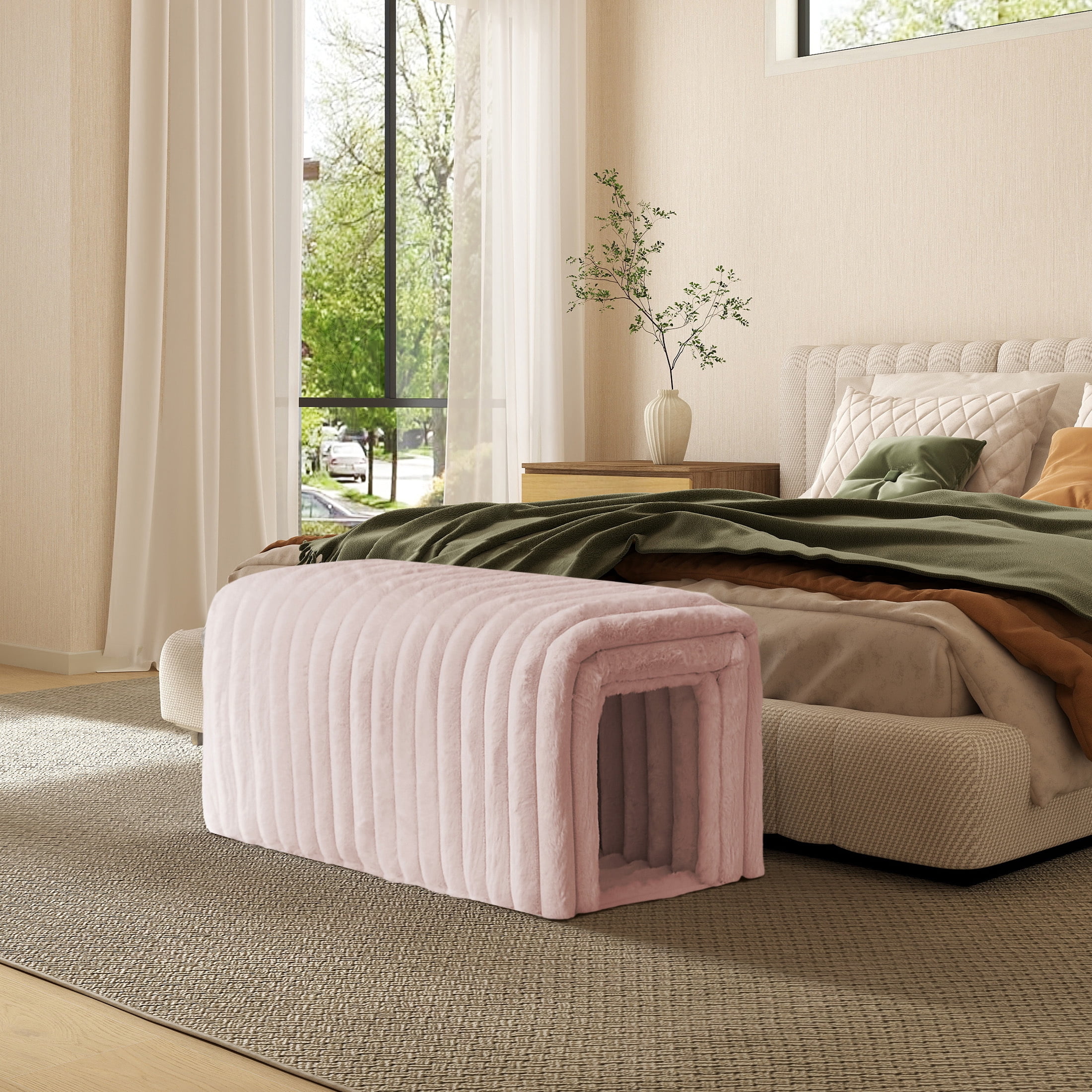 AENKYO Storage Ottoman Bench with Cat Hideaway, Plush Upholstered Footrest Seat with Hidden Compartment, Pink